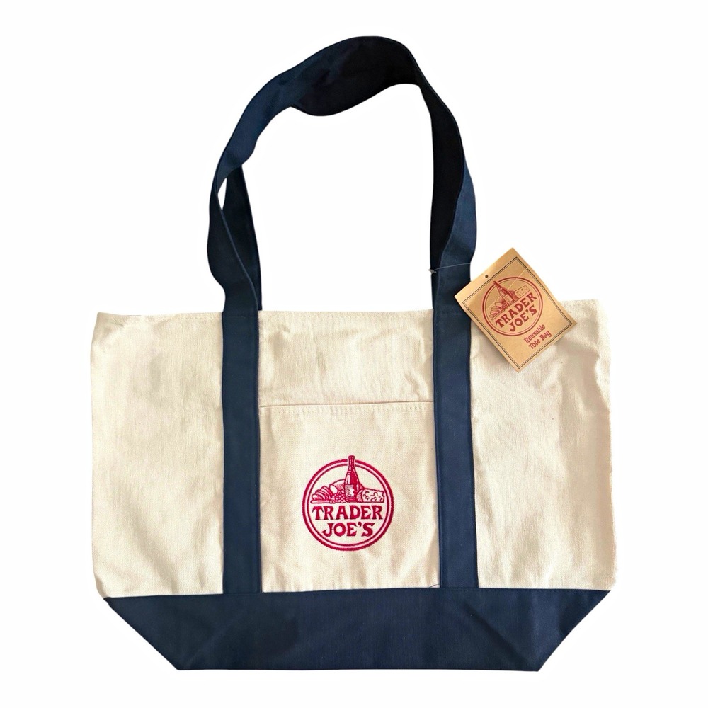 Trader Joe's Canvas Reusable Shopping Tote Bag Logo Beige/Blue 20x14x6 in